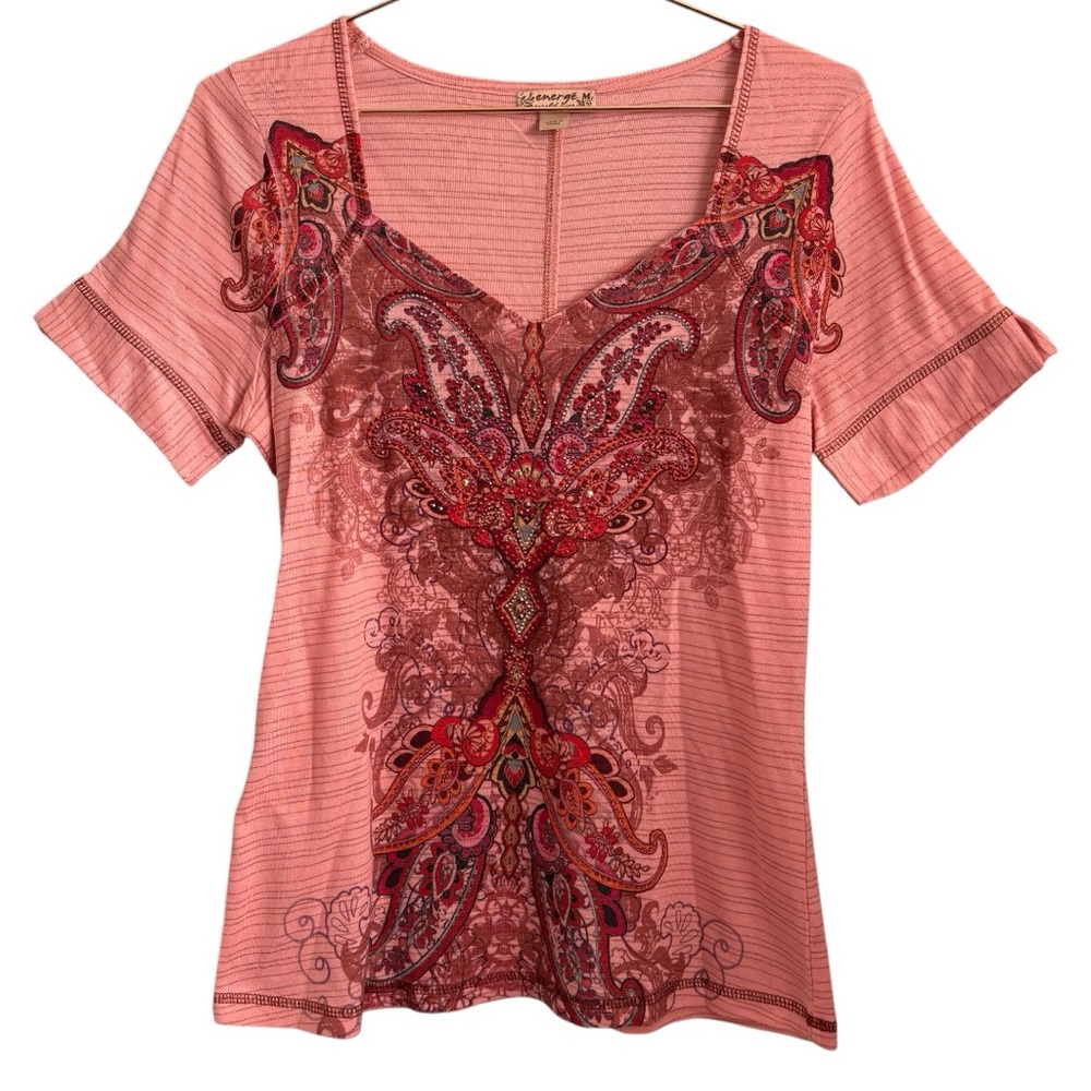 5for20 Energe world wear pink rhinestone square neckline paisley striped tee